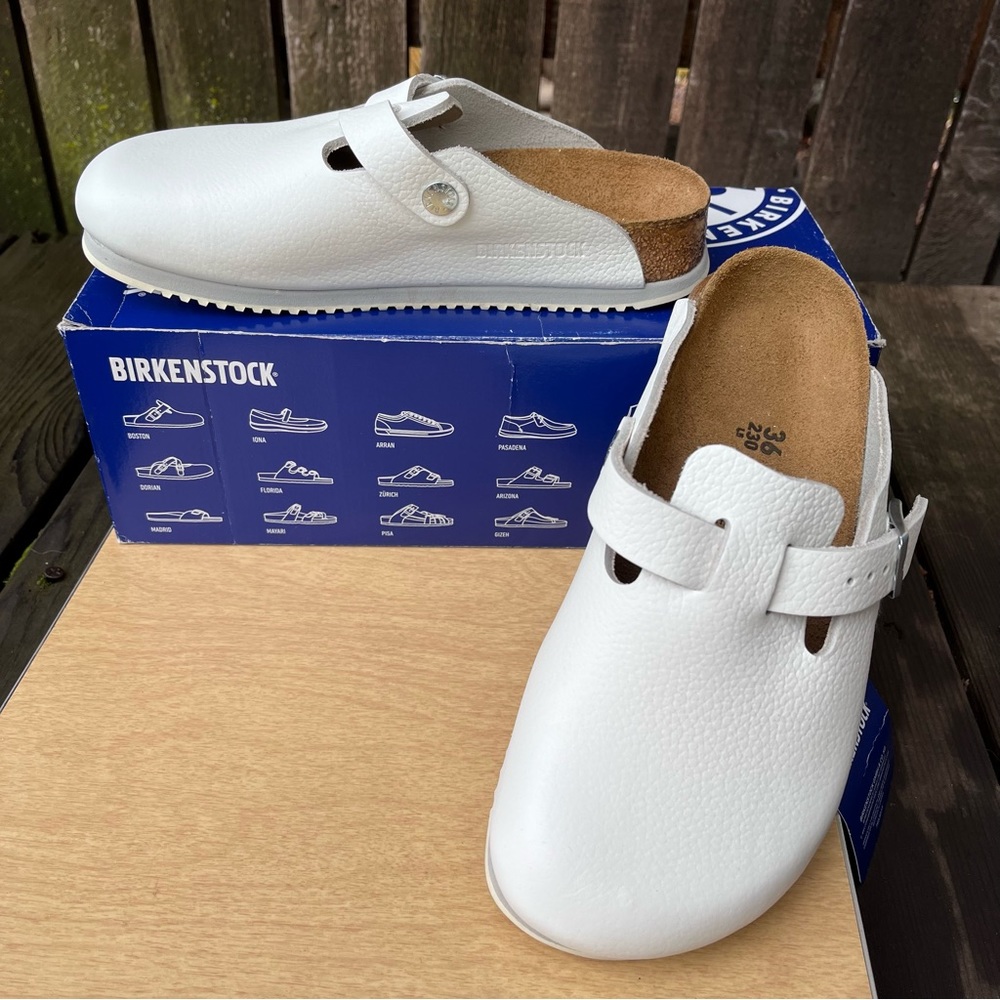 Birkenstock Boston Super Grip White Leather Clog Mules NWB Sz 36( 5-5.5 U.S.)